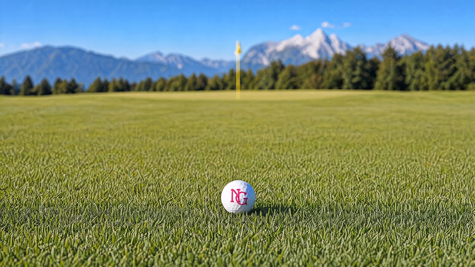 Ein Golfball mit dem Logo von Nicole Gergely liegt startbereit auf dem Abschlag.